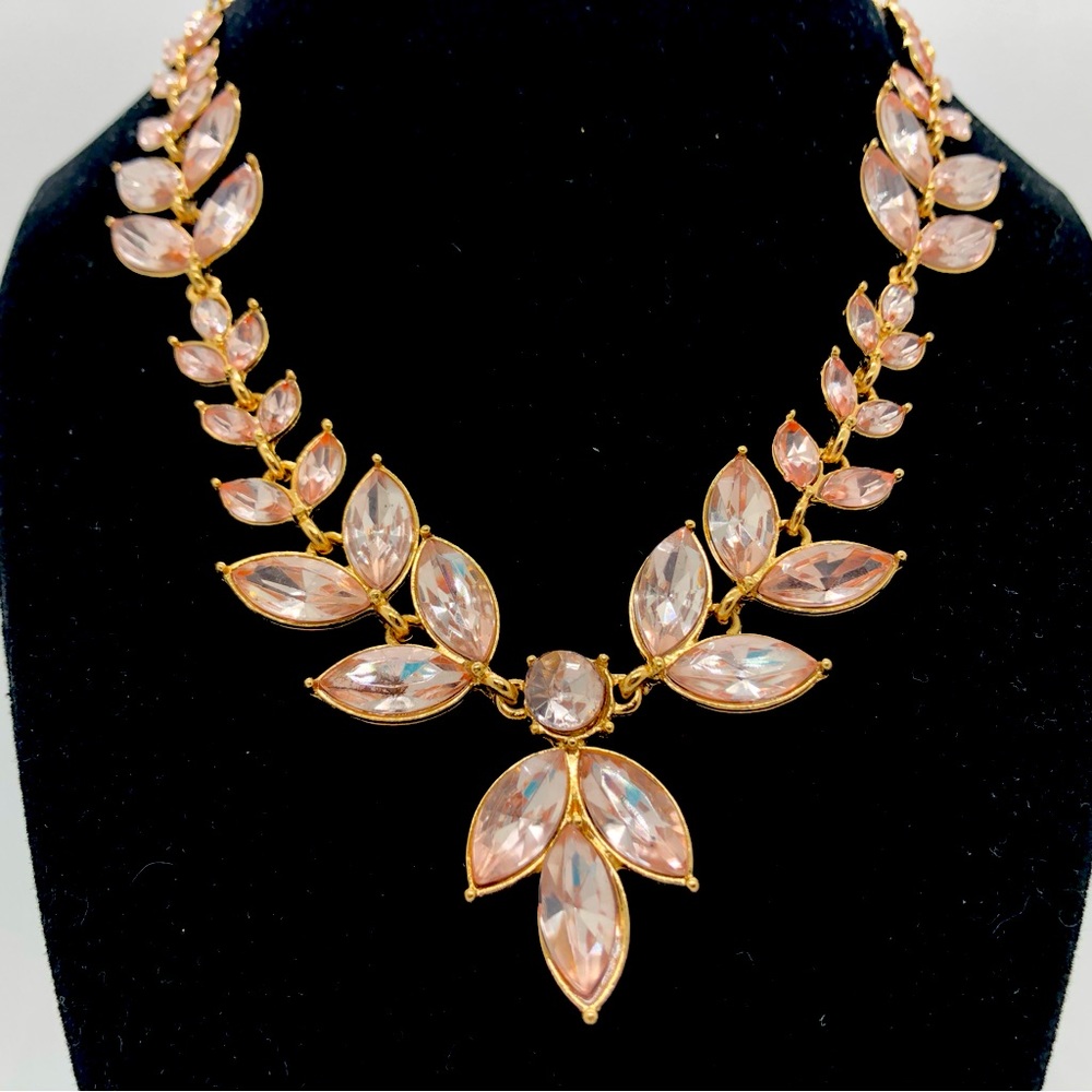 Gold Tone Floral Leaf Necklace Fairy Woodland Elf Light Pink Accents